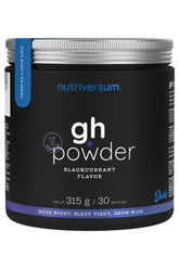 Nutriversum GH Powder in Blackcurrant, 315g container for nighttime recovery and active ingredient support.